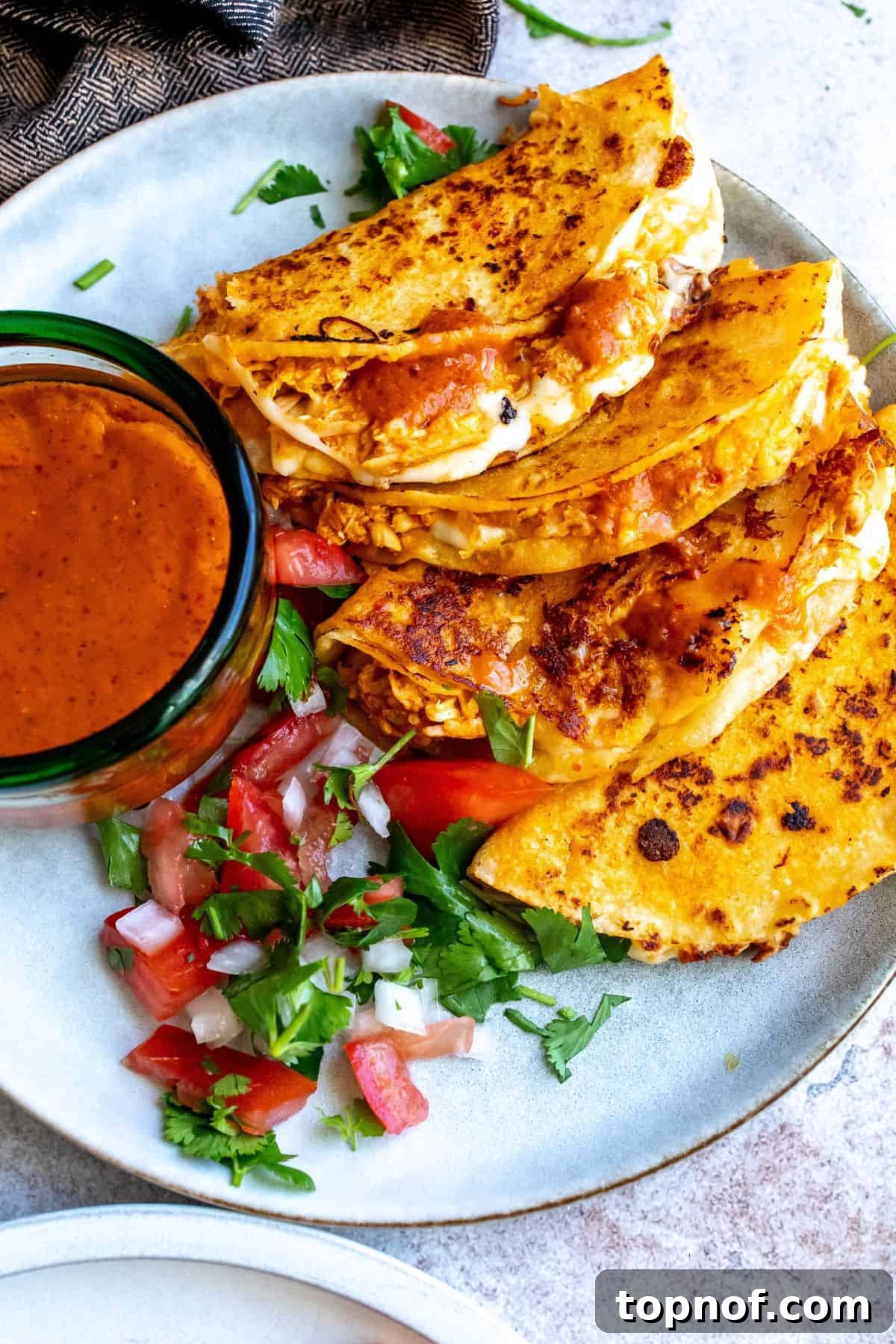 Mouthwatering Chicken Birria Tacos 6 A tastefully arranged grey plate featuring several Chicken Birria Tacos, garnished with fresh cilantro, ready to be enjoyed.