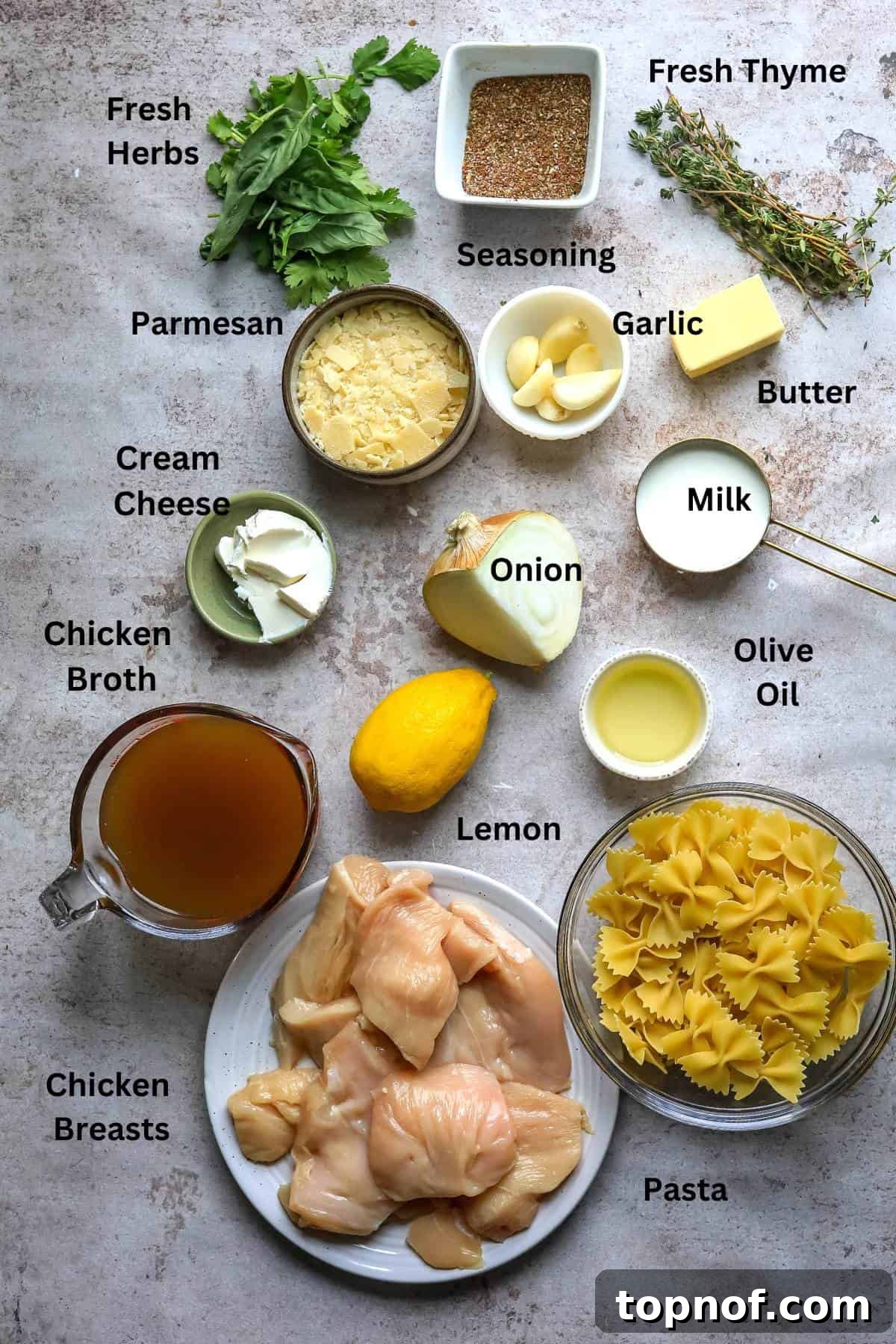 An organized display of fresh ingredients for garlic chicken pasta including chicken breasts, pasta, garlic, onion, and various cheeses in separate containers.
