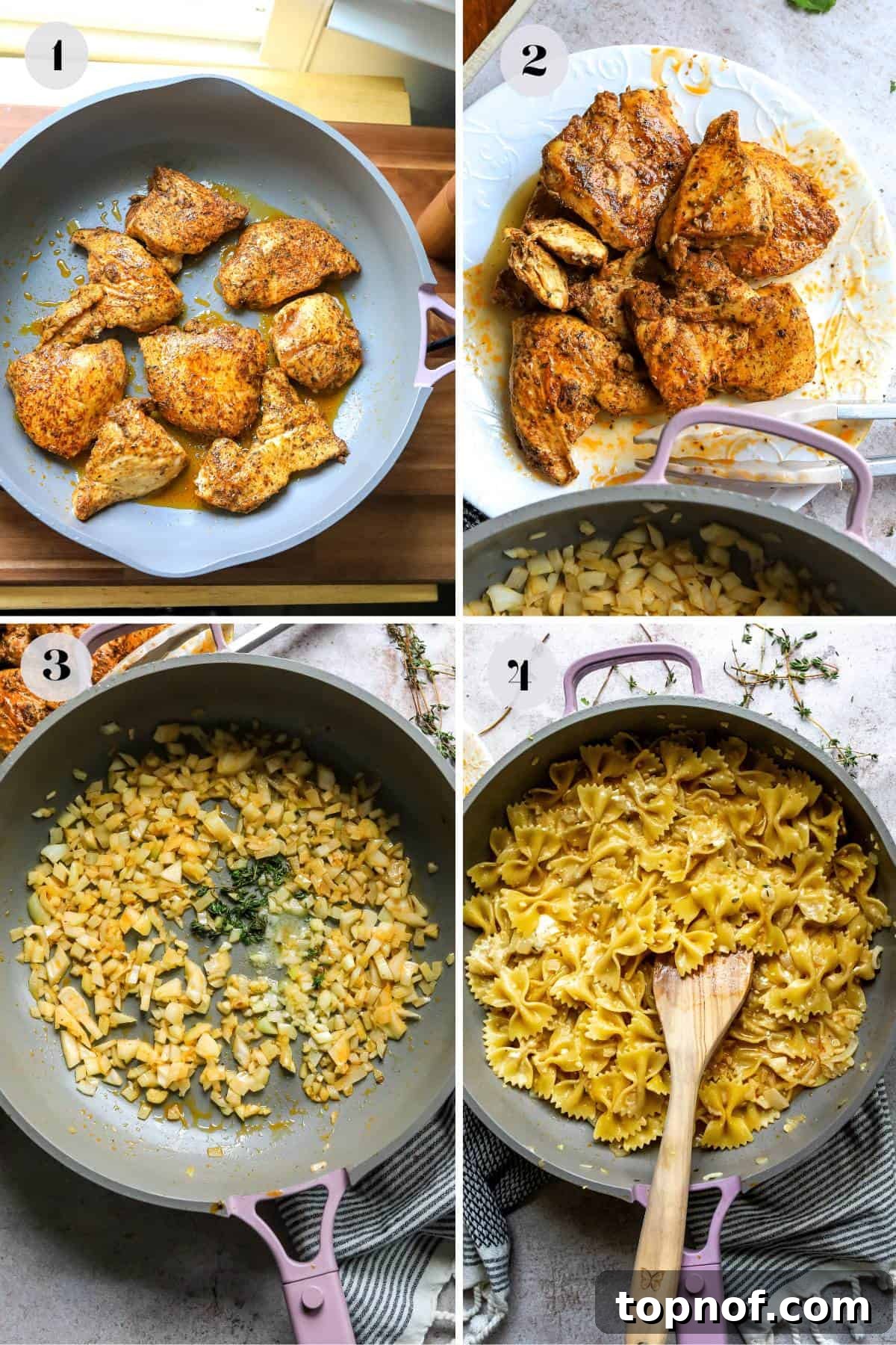 A step-by-step visual guide to preparing creamy garlic parmesan chicken pasta, showing ingredients being added to a skillet.