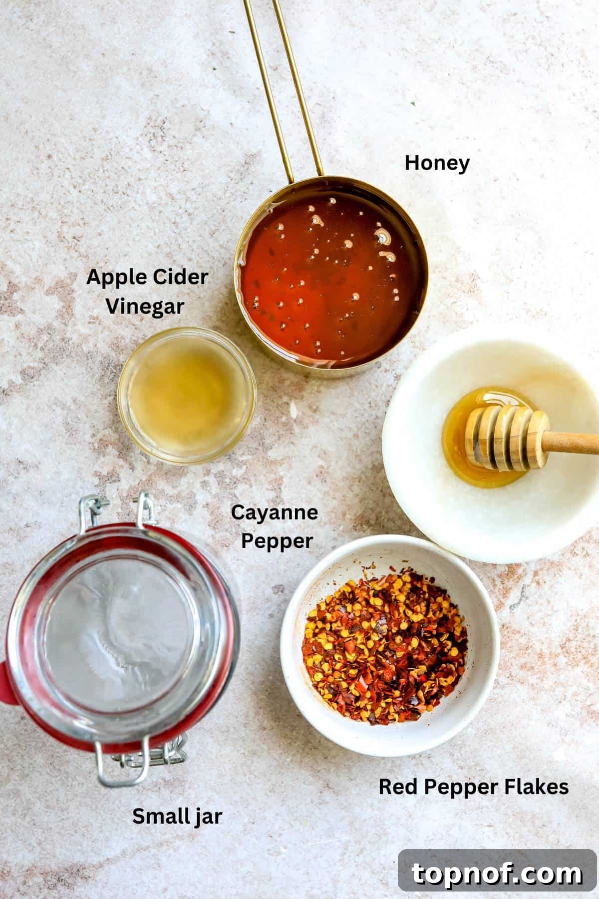 Overhead photo of ingredients in small bowls and measuring cups. 
