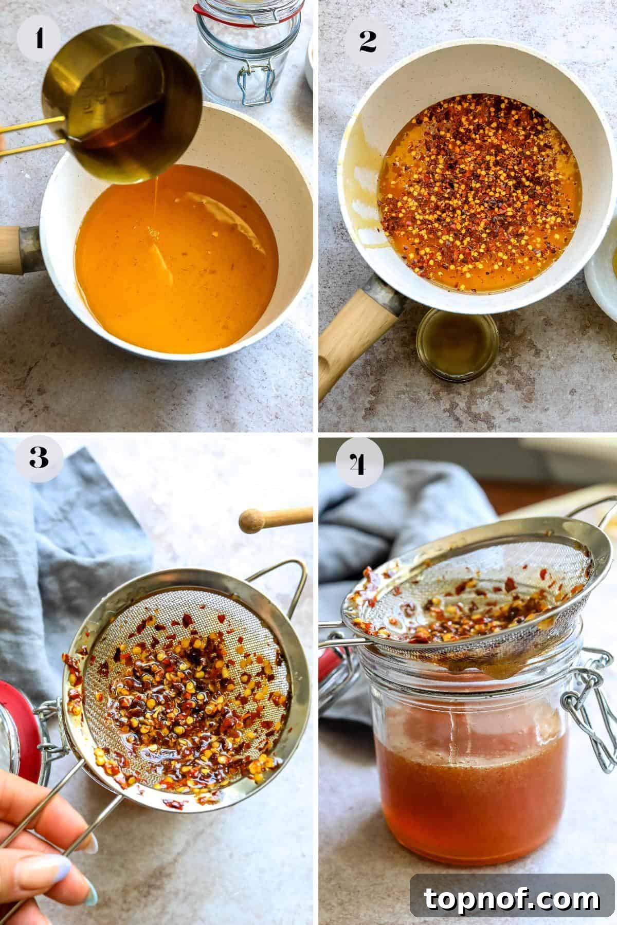 Steps to make hot honey in a sauce pan with red pepper flakes. 