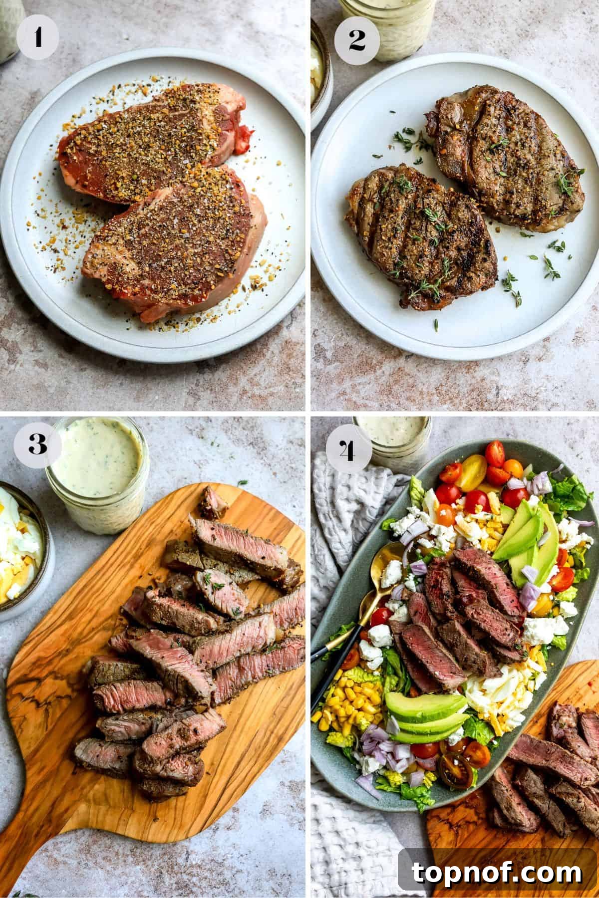Hearty Steak Salad 4 Visual guide showing the preparation steps for a chopped steak salad, from ingredients to grilling and assembly.