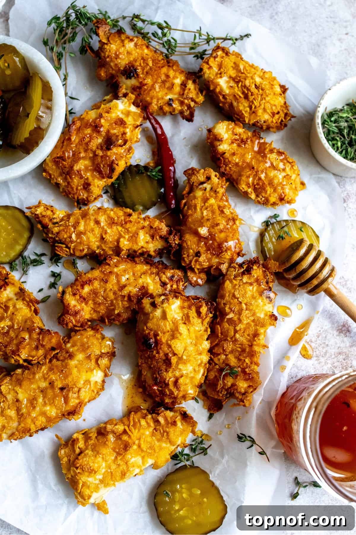 Hot honey chicken tenders on parchment paper with pickles on the side.
