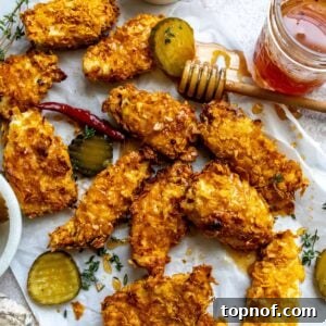 Hot honey chicken tenders on parchment paper with pickles on the side.