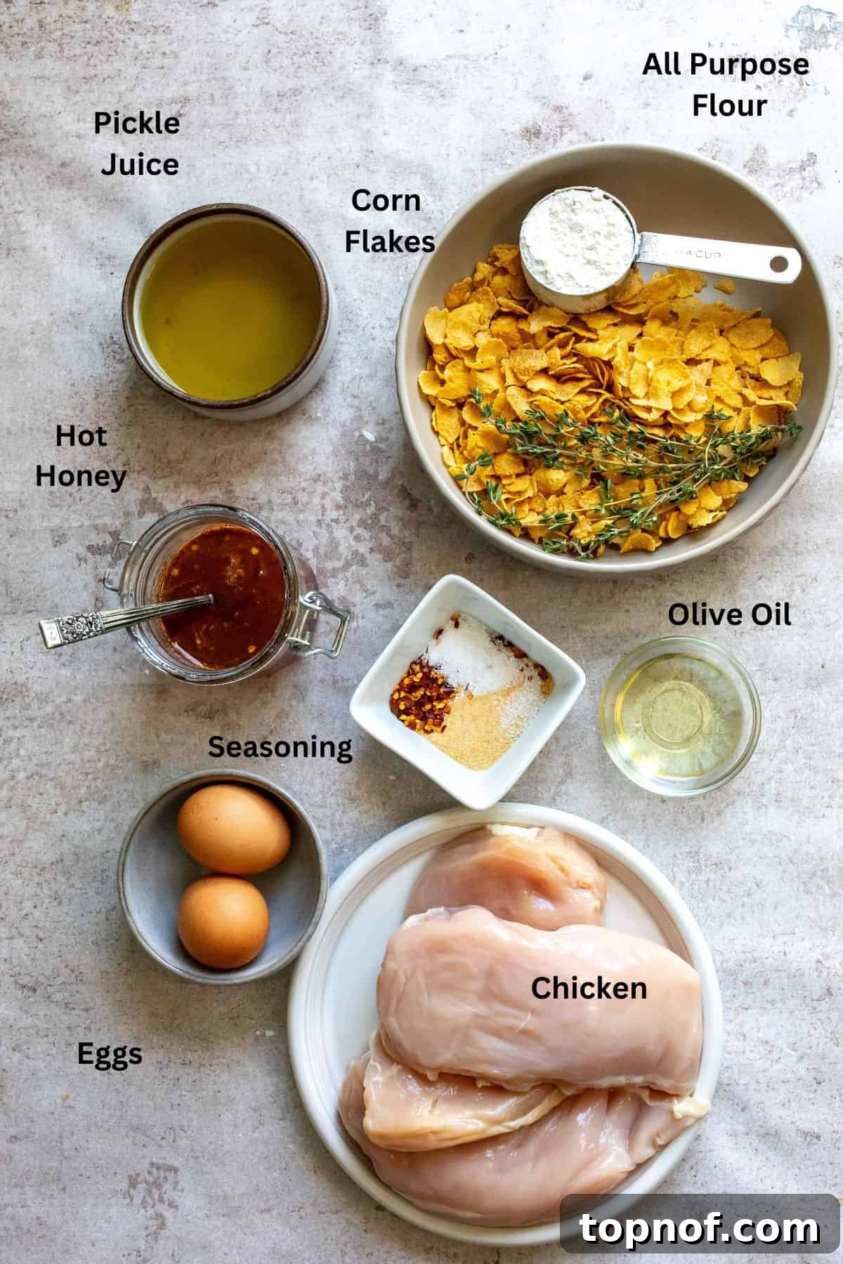 Ingredients to make the meal on a counter in bowls and measuring cups.