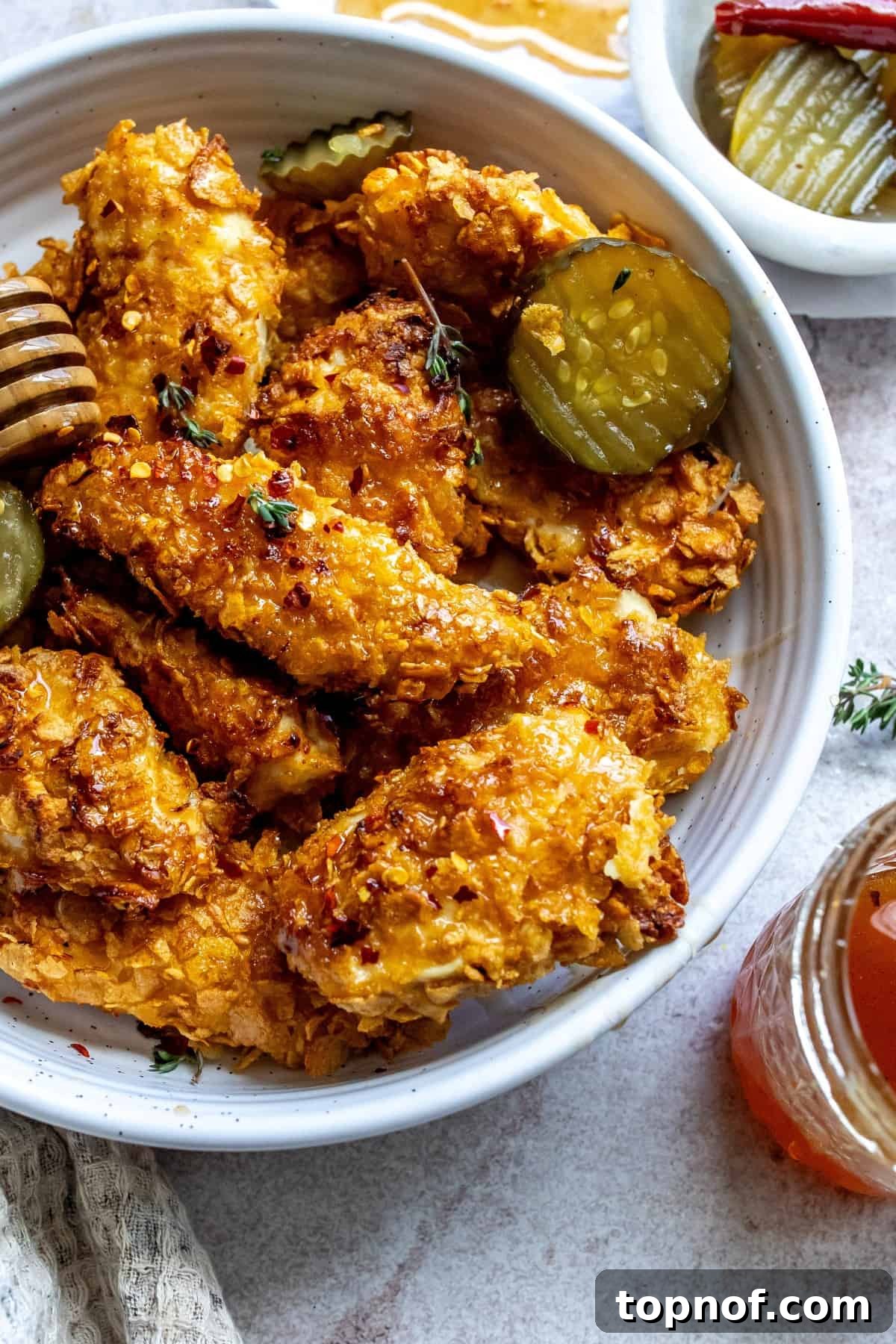 Hot honey chicken tenders on parchment paper with pickles on the side.