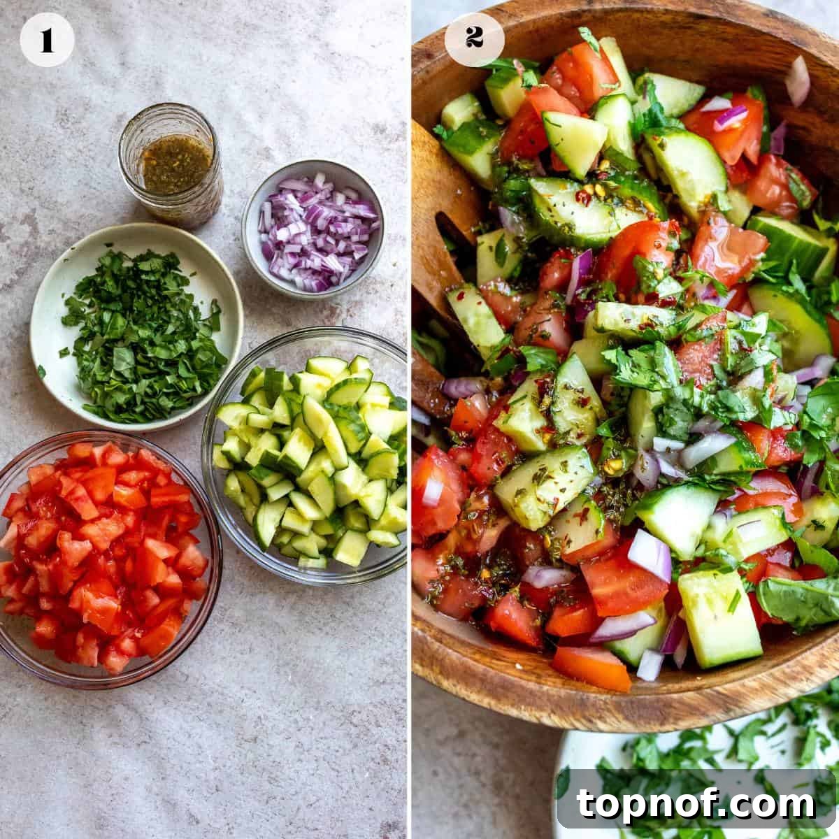 Garden Fresh Tomato Cucumber Salad 4 Bowls showcasing the various steps of preparing the Cucumber Tomato Salad: chopped ingredients, mixed dressing, and final salad.