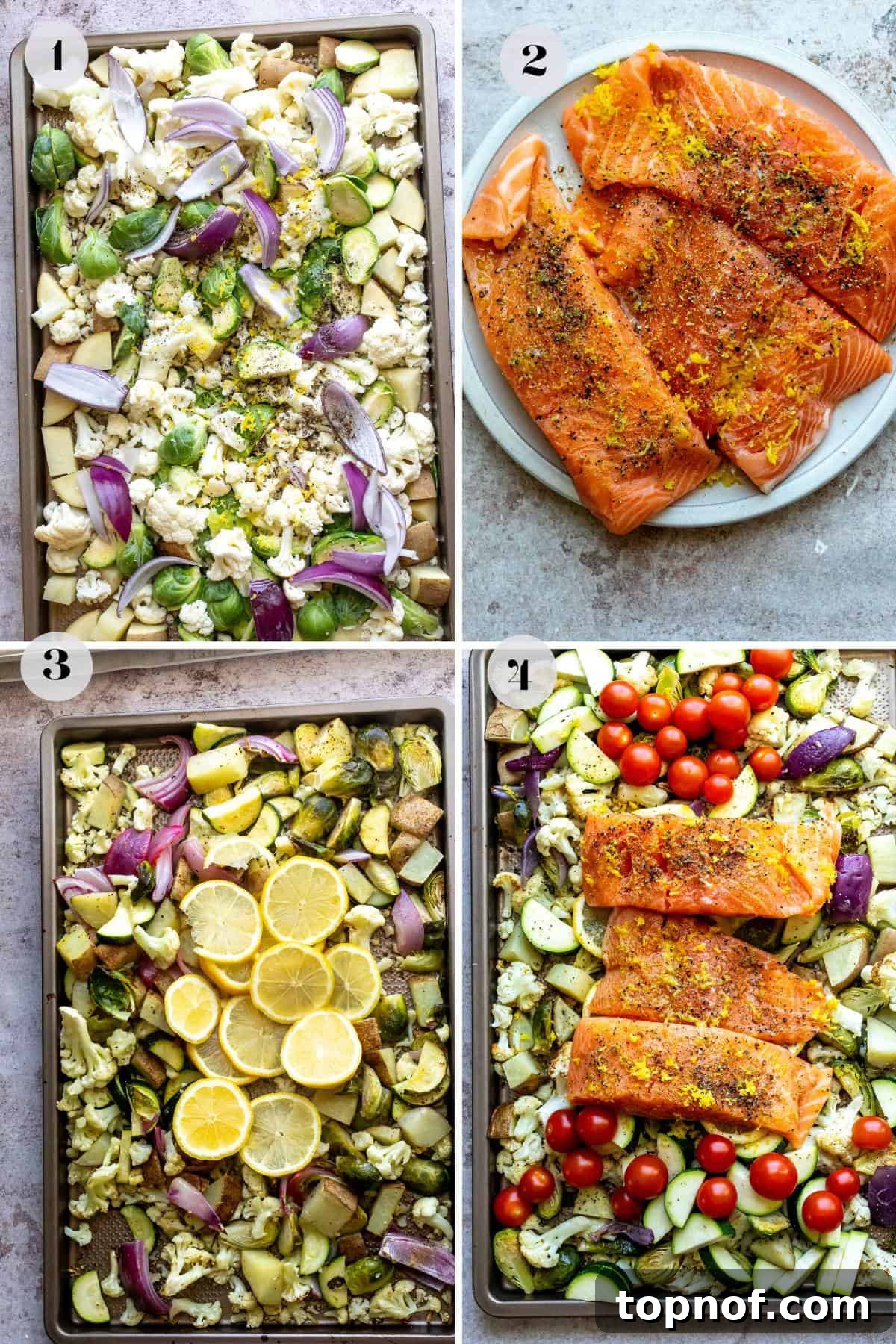 Zesty Sheet Pan Salmon and Roasted Garden Vegetables 4 A step-by-step image demonstrating the preparation of baked lemon pepper salmon and vegetables on a sheet pan before baking.