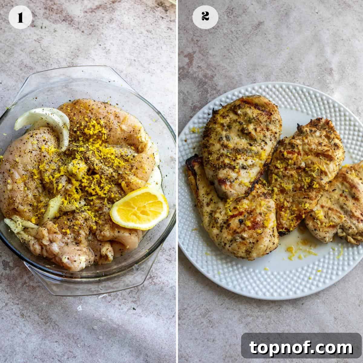 Peppery Citrus Chicken 4 Step-by-step images showing chicken marinating in a glass bowl and cooked chicken on a white plate with lemon.