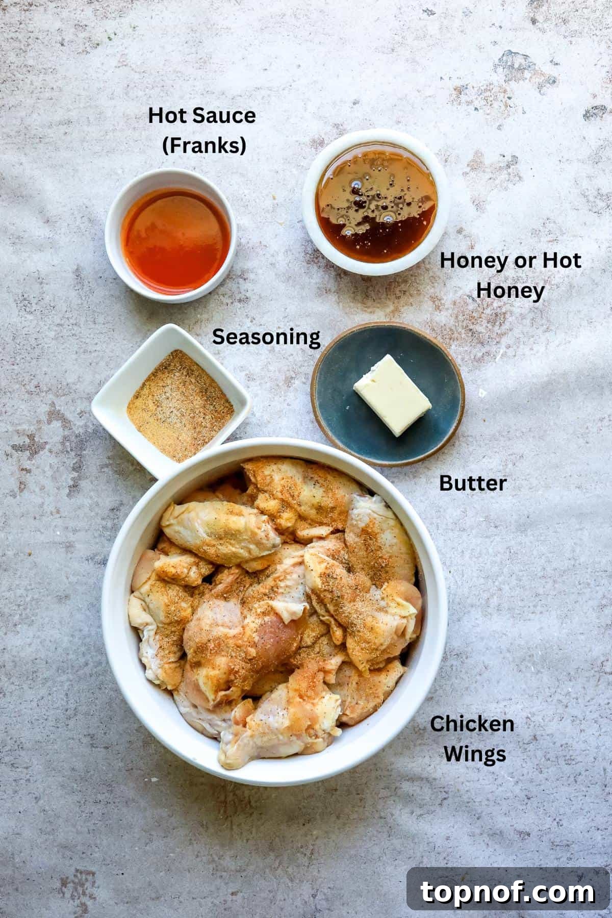 Sticky Sweet Heat Wings 3 Small bowls and plates with ingredients in it.