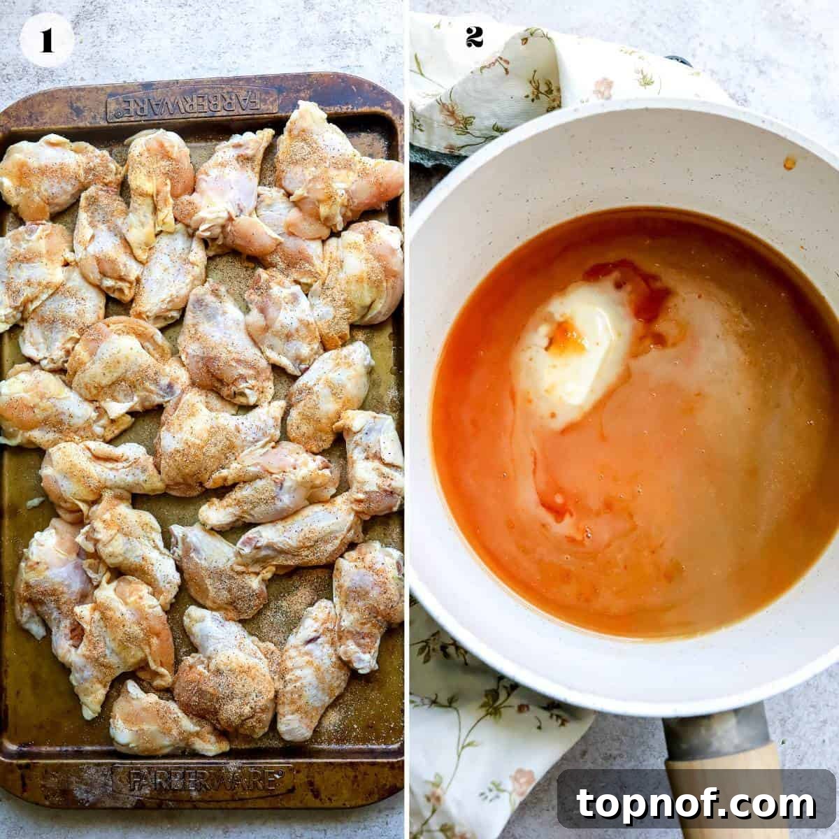 Sticky Sweet Heat Wings 4 Baking sheet with seasoned wings on it. Sauce pan with sauce in it,