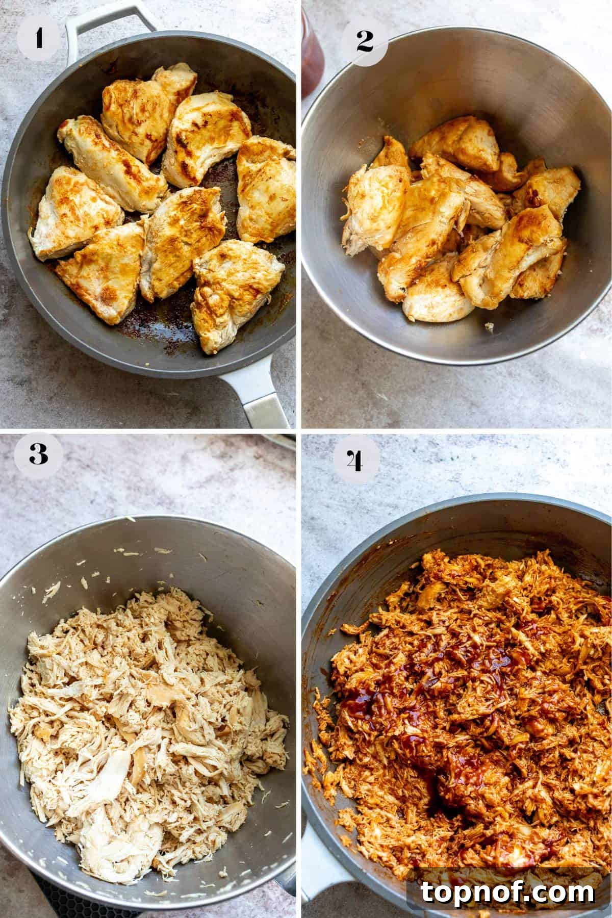 Slow-Smoked Pulled Chicken 4 An overhead image of the process of cooking shredded BBQ chicken in a skillet.