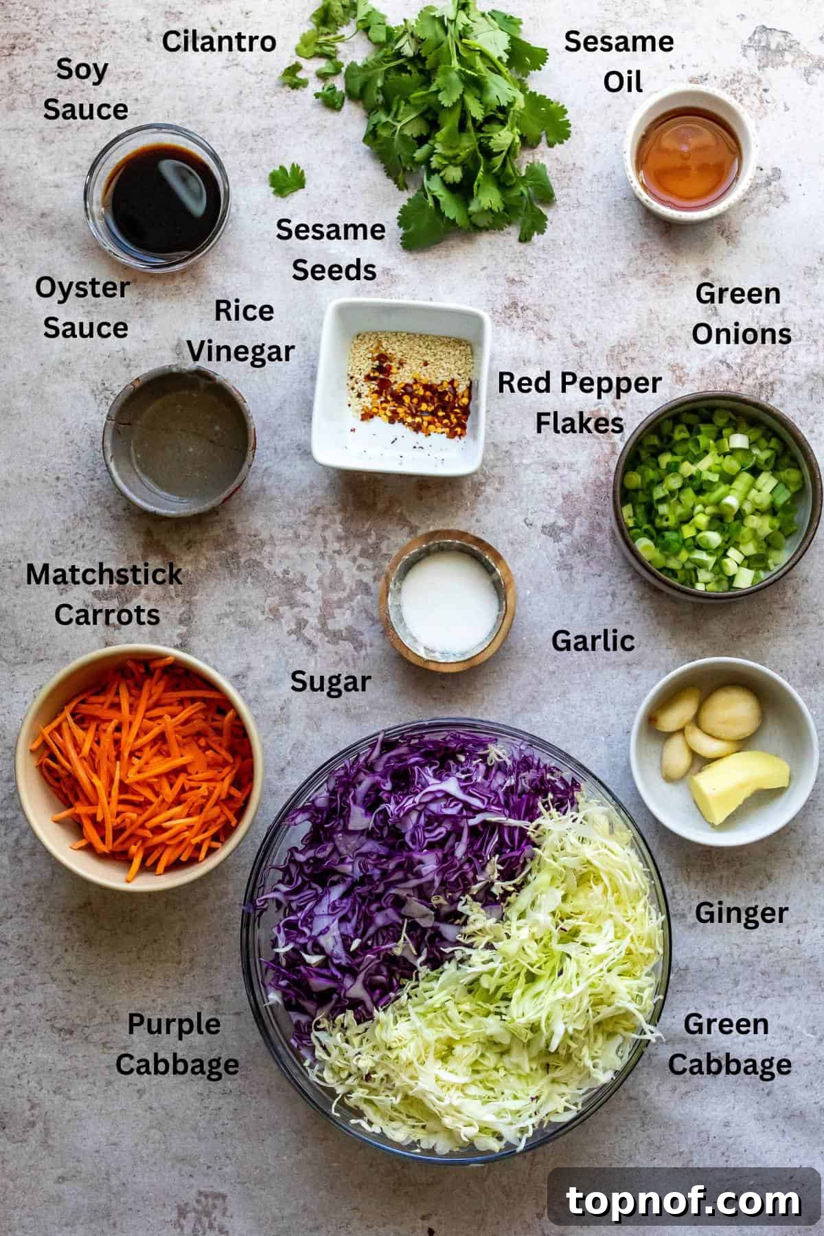 Sesame Ginger Slaw 3 An overhead image showcasing all the fresh ingredients laid out for making Asian coleslaw.