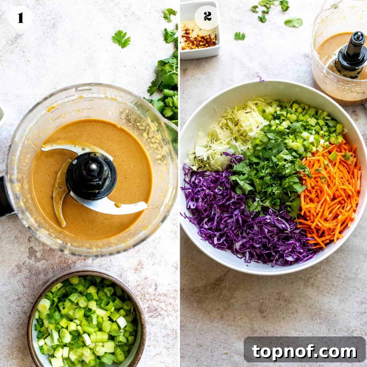 Sesame Ginger Slaw 4 An overhead image showing the step-by-step process of combining ingredients for Asian coleslaw and its dressing.