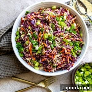 An overhead image of Asian coleslaw in a bowl.