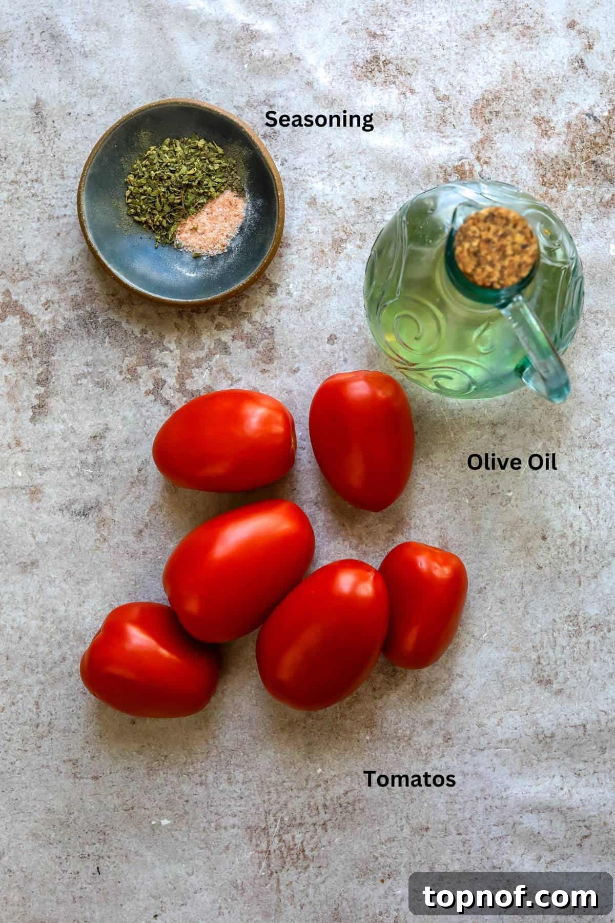 An overhead shot showcasing the fresh ingredients laid out: bowls of sliced tomatoes, olive oil, salt, pepper, dried oregano, and dried basil, ready for preparation.