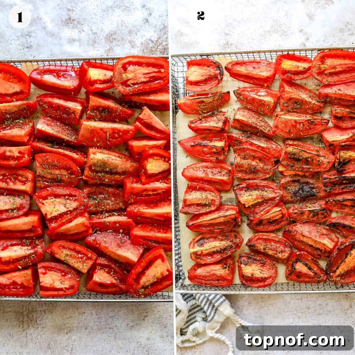 Perfectly sliced Roma tomatoes arranged in a single layer on a wire rack over parchment paper, ready for roasting. Each slice is evenly spaced for optimal cooking.
