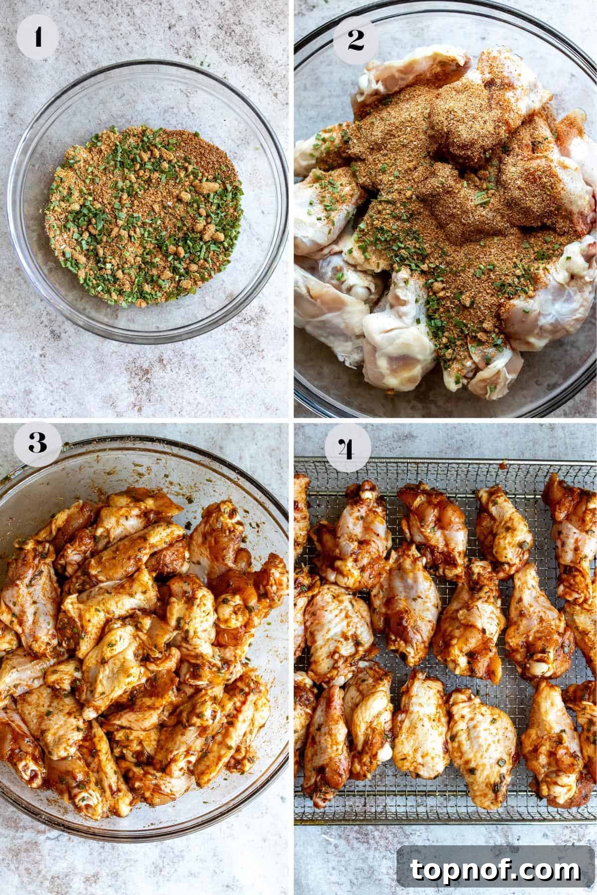 An overhead image of the process of making dry rub wings, showing seasoned chicken pieces.