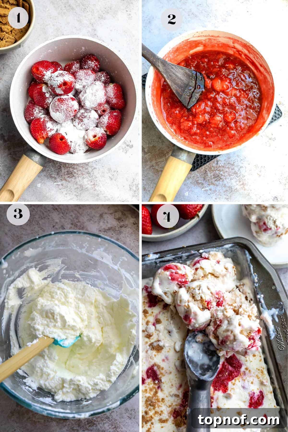 Homemade No-Churn Strawberry Cheesecake Indulgence 4 An overhead image showing various stages of making strawberry cheesecake ice cream, from ingredients to the swirled mixture.