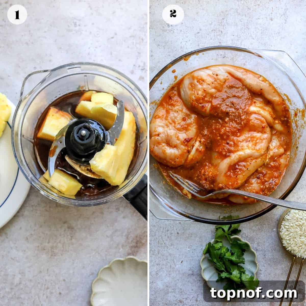 Sweet and Tangy Pineapple Chicken Adobo 4 Steps to make the recipe overhead with ingredients for the adobo sauce being blended in a small food processor.