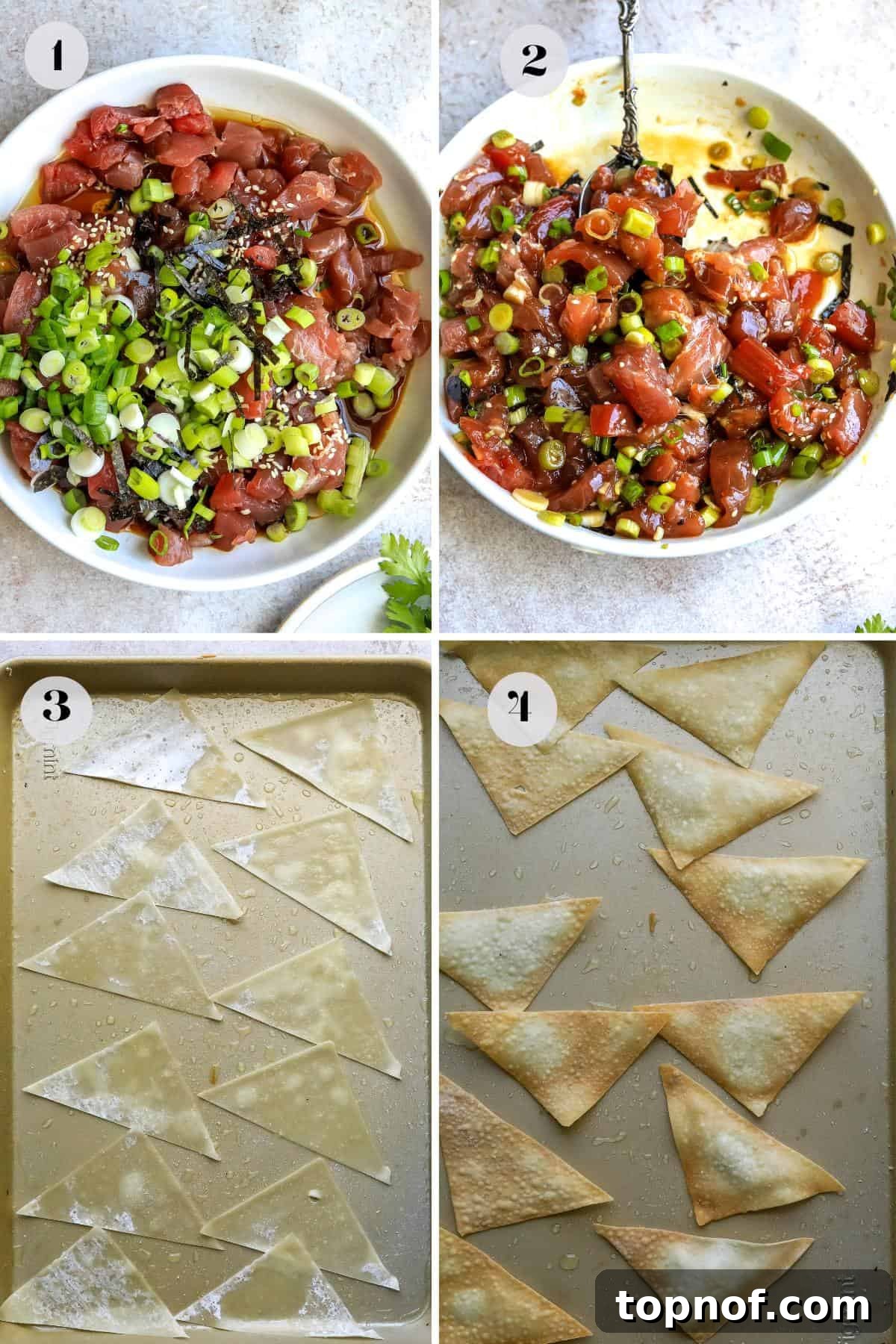 A white ceramic bowl with marinated poke, beside other ingredients and instructions for making poke and chips.