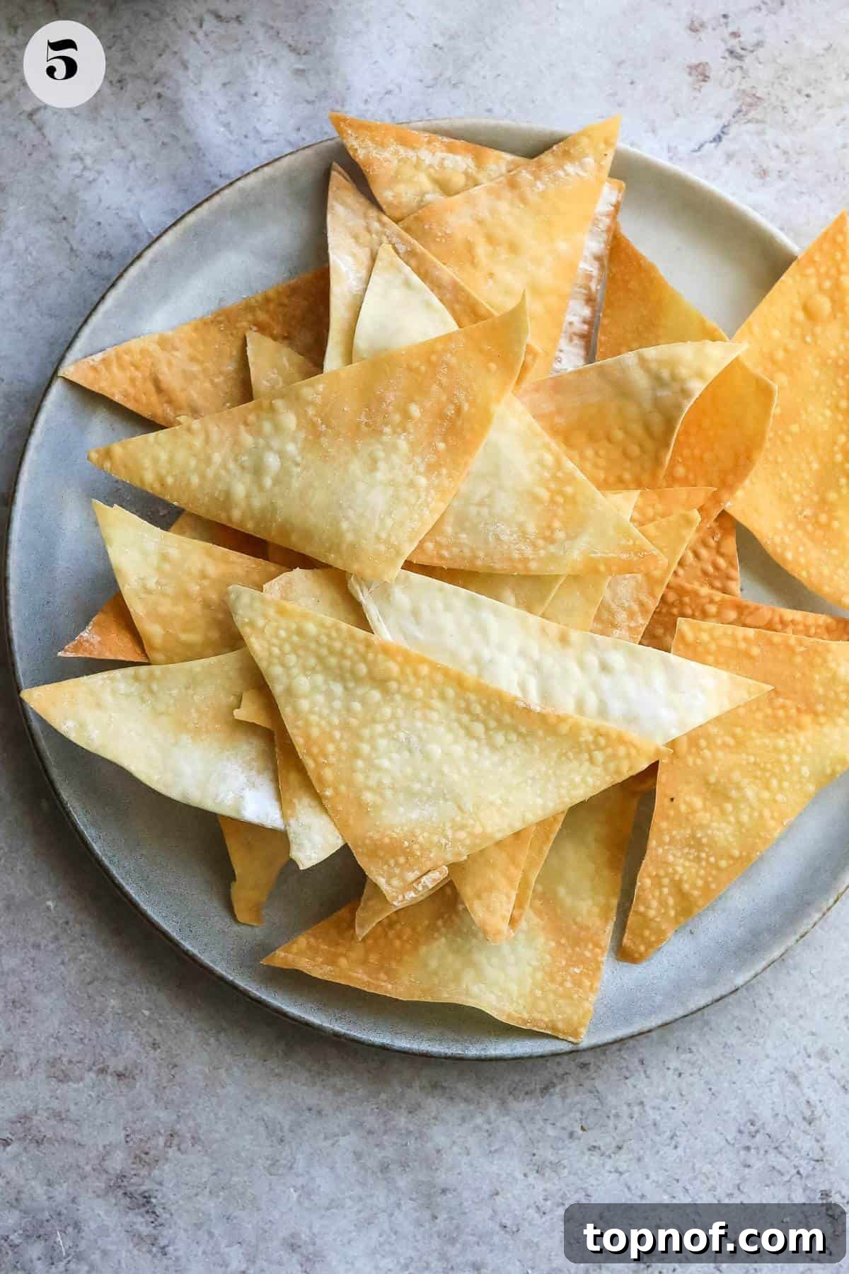 Crispy wonton chips arranged neatly on a plate, ready for toppings.