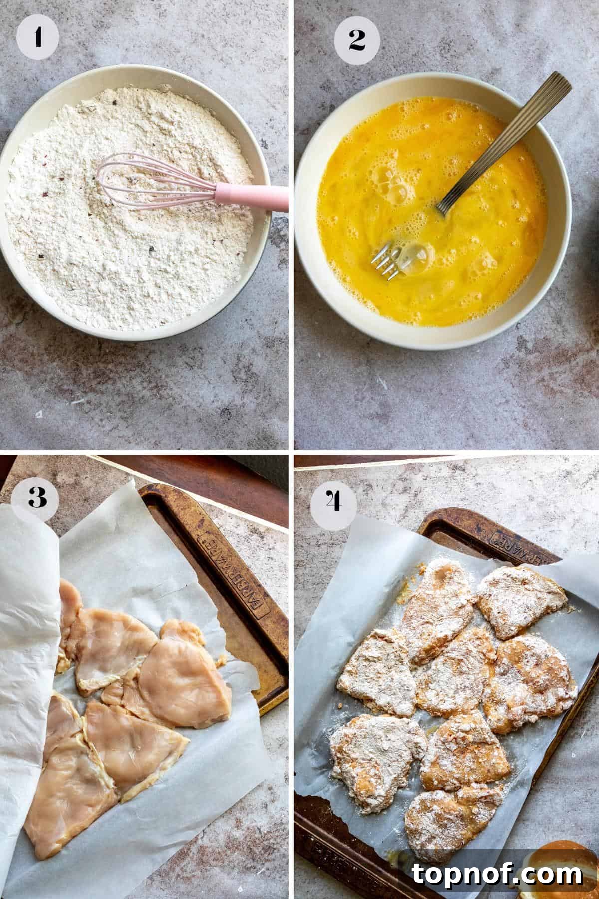 The Honey Blaze Chicken Sandwich 4 Step-by-step image showing chicken being coated in seasoned flour, ready for cooking, ensuring a thorough and even dredge for maximum crispiness.
