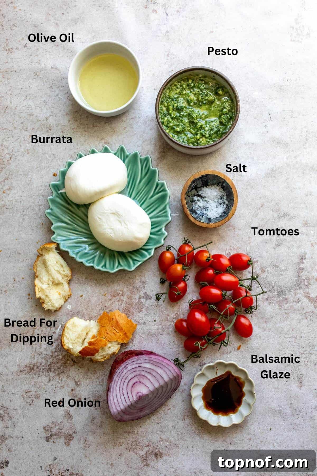 Burrata Pesto Perfection 3 Ingredients for Burrata Pesto laid out on a kitchen counter.