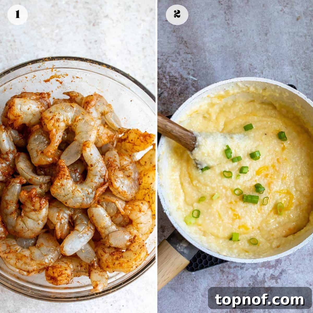 A two-part image showing raw shrimp being seasoned in a bowl and grits simmering in a saucepan, highlighting key preparation steps.