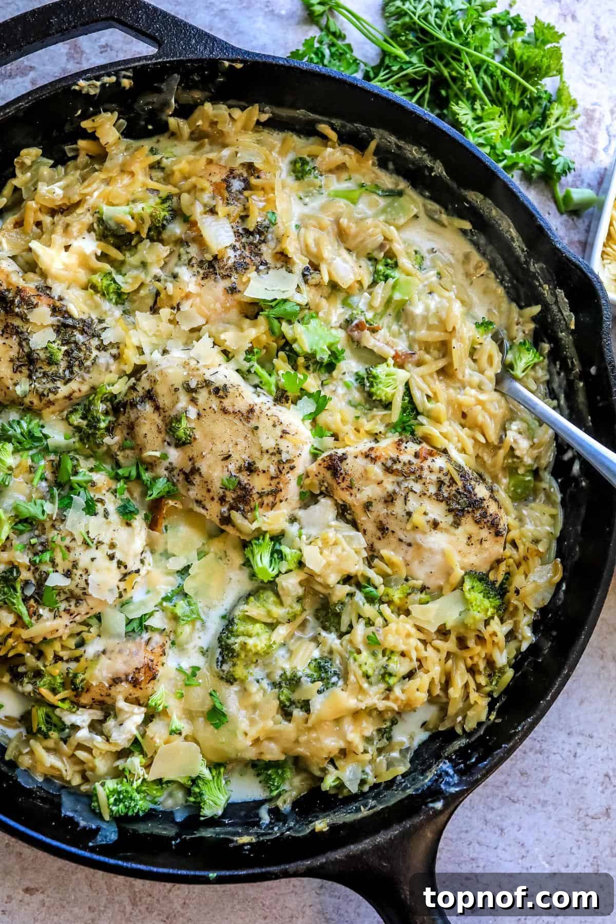 A cast iron pan filled with golden Baked Chicken Alfredo Orzo, generously topped with freshly grated parmesan cheese and hints of green parsley. 