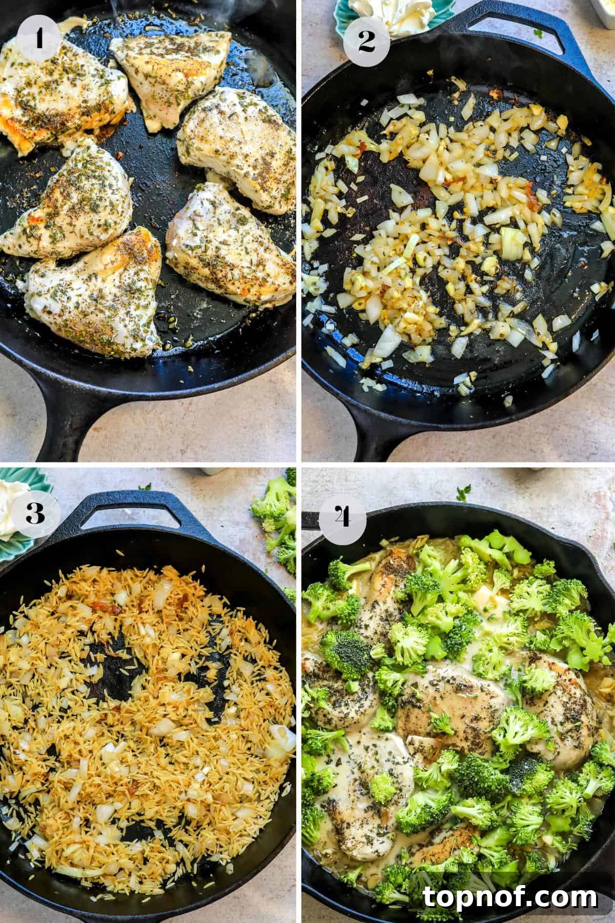 An overhead shot showcasing the various stages of preparing Baked Chicken Alfredo Orzo in a cast iron skillet, with ingredients clearly visible.