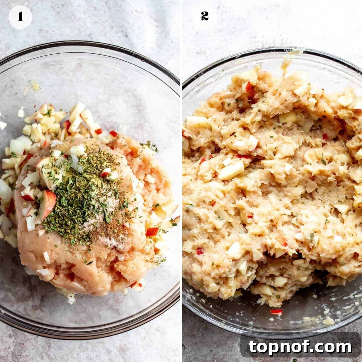 A person's hands are shown mixing ground chicken, diced apples, and seasonings in a large mixing bowl, preparing to form sausage patties.