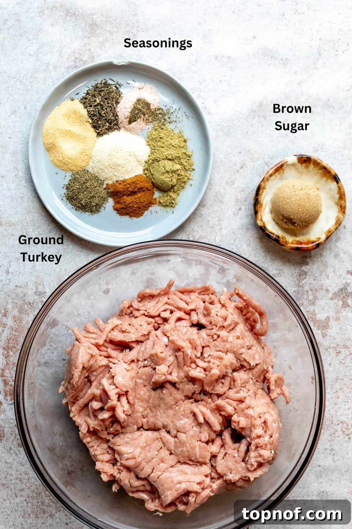 Premium Turkey Sausage 3 An image of ground turkey in a bowl and seasonings on a plate.