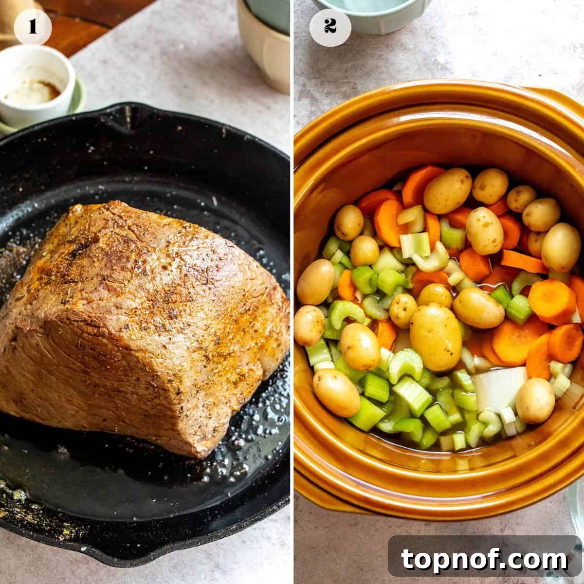 Fall-Apart Tender Chuck Roast 4 An image showing the initial step of browning the beef chuck roast in a skillet to create a flavorful crust.
