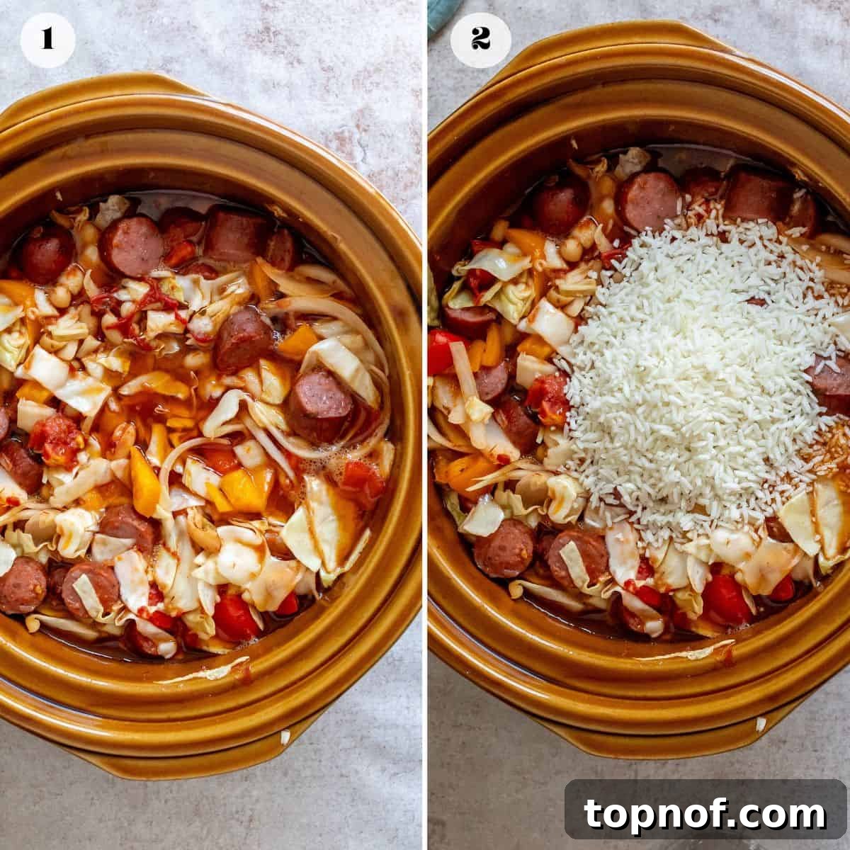 Ultimate Weeknight Slow Cooker Sausage Casserole 4 A slow cooker filled with colorful raw ingredients, including sliced sausage, chopped bell peppers, onions, and broth, ready to begin the slow cooking process.