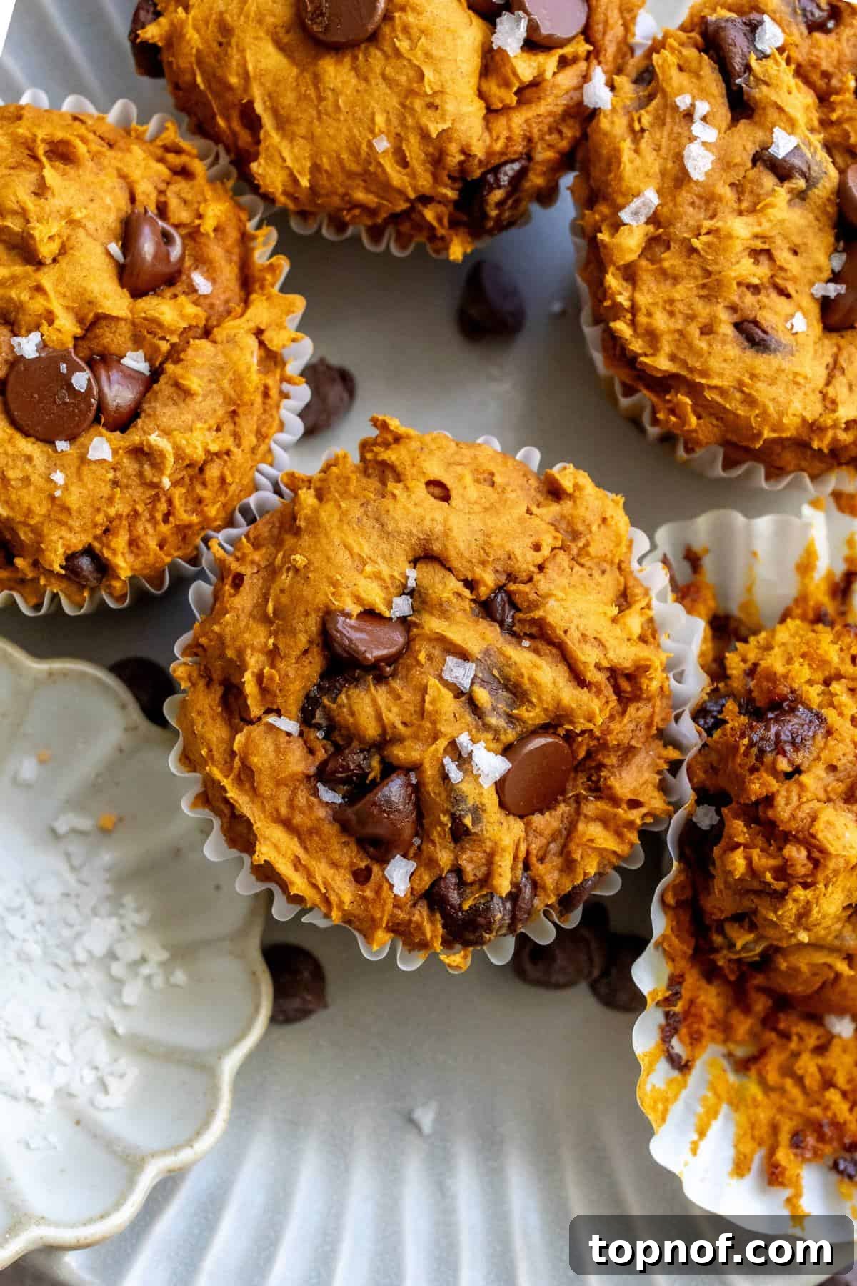 Effortless 3 Ingredient Pumpkin Muffins 5 Freshly baked 3-Ingredient Pumpkin Muffins displayed on a white plate.