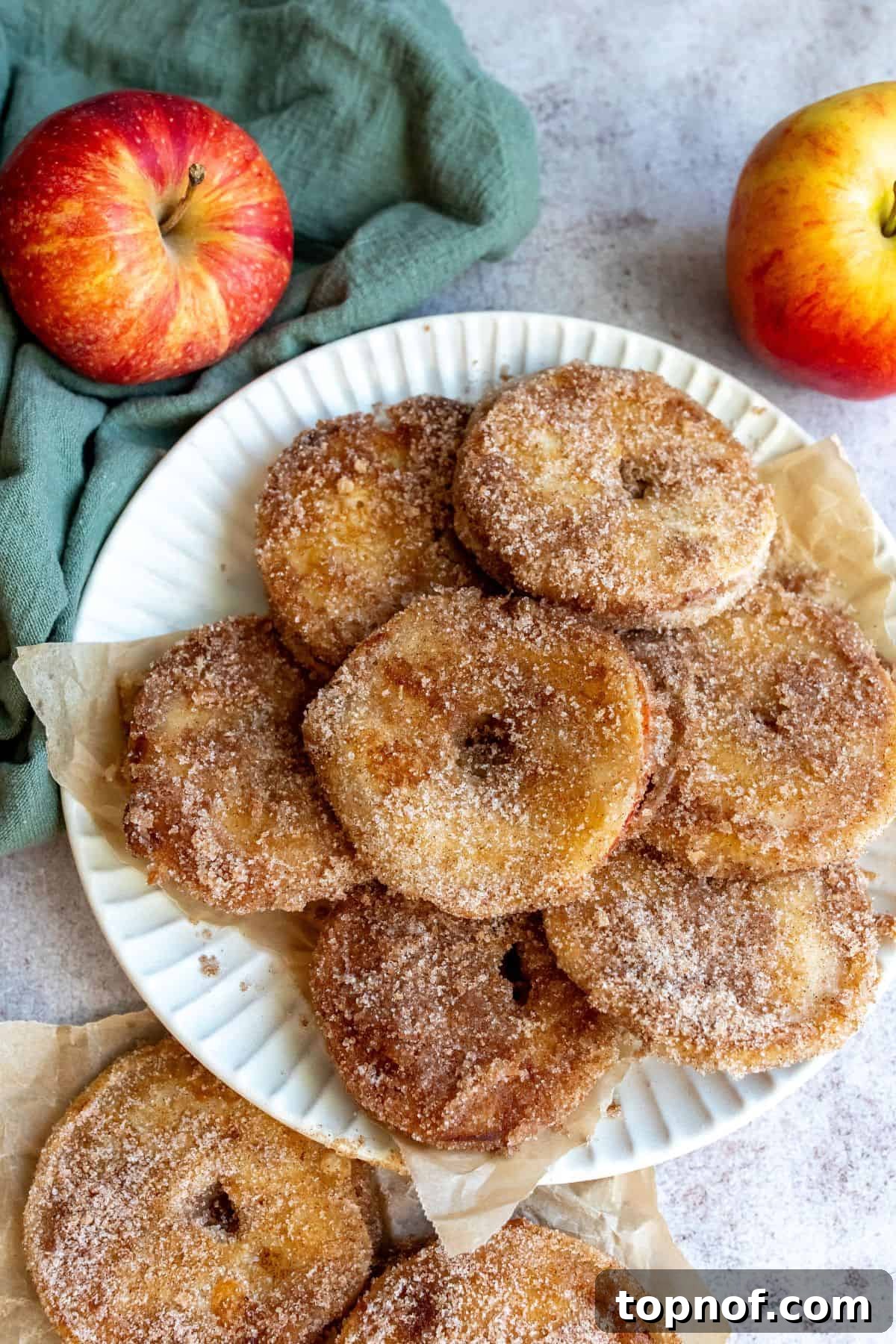 Warm Apple Cinnamon Doughnuts 2 An overhead image of a stack of golden brown apple donuts on a plate, dusted with cinnamon sugar.