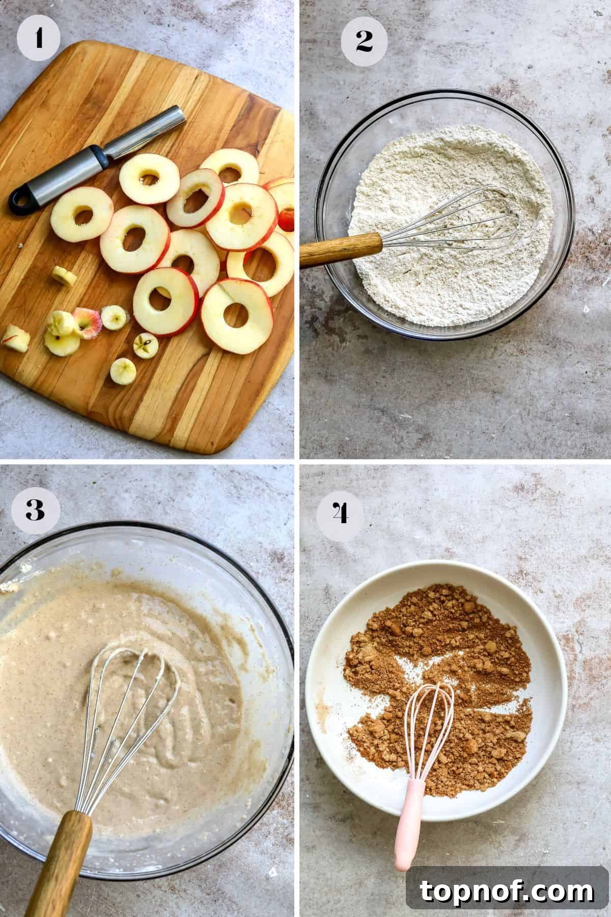Warm Apple Cinnamon Doughnuts 4 An image showing a hand coating a sliced apple ring with cinnamon sugar topping in a bowl.