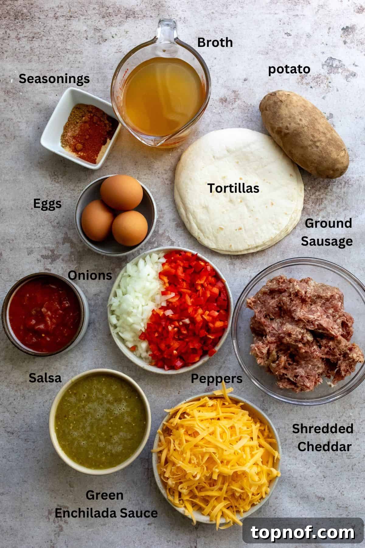 Breakfast Enchilada Casserole 3 Ingredients needed to make this recipe on a counter.