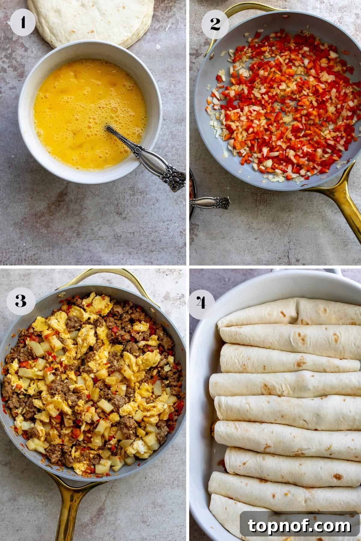 Breakfast Enchilada Casserole 4 Grey skillet with gold on it. Filled with sausage and eggs.