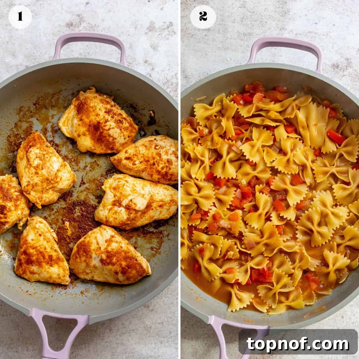 Tex-Mex Chicken Fajita Pasta 4 A pink and grey skillet showing the progression of cooking chicken and vegetables for the fajita pasta, illustrating various steps.