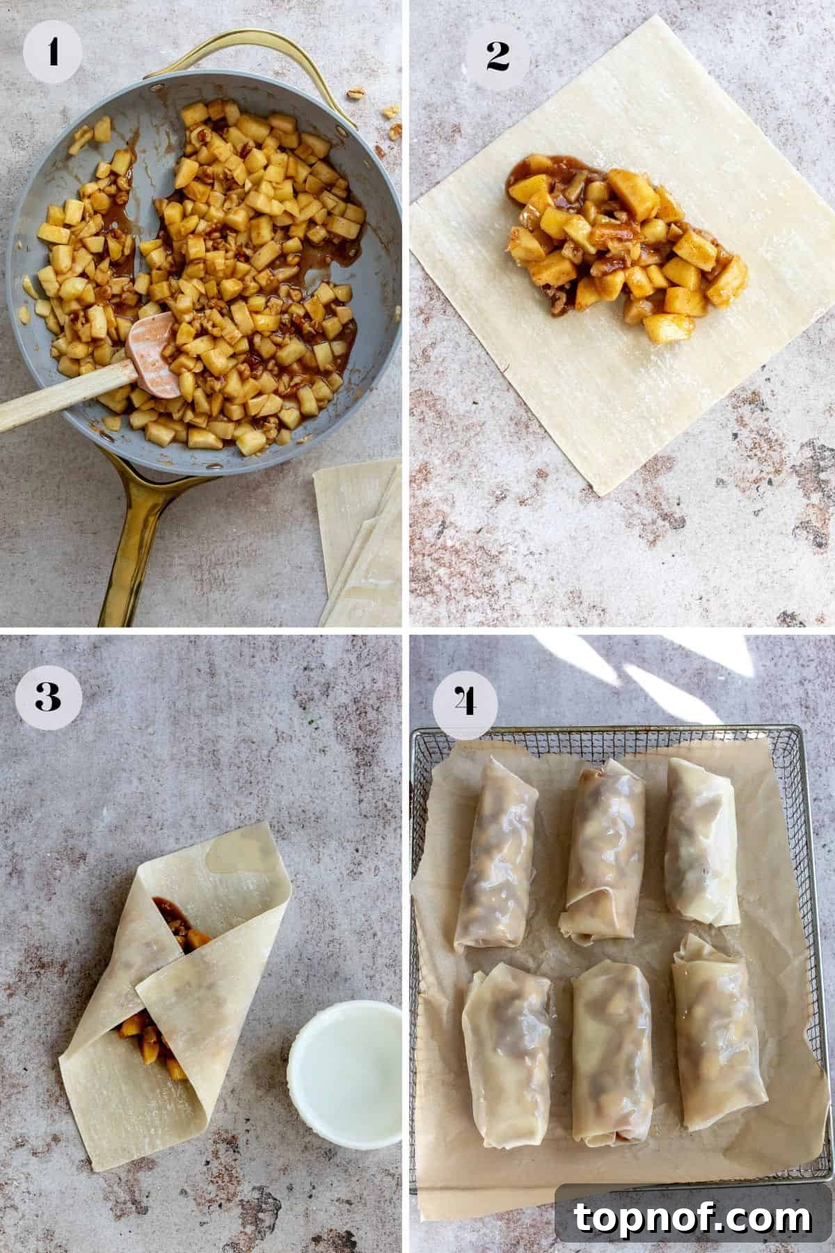 Crispy Apple Pie Rolls 4 Detailed steps showing diced apples simmering in a grey skillet with spices, preparing the filling for apple pie egg rolls.