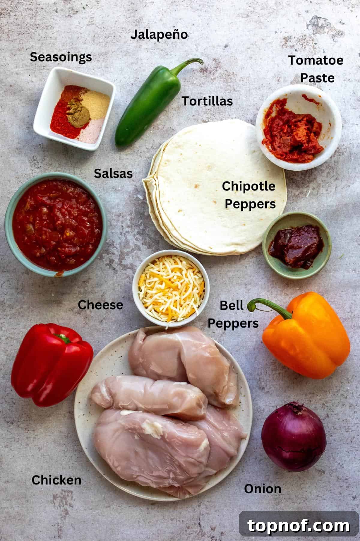 Weeknight Slow Cooker Chicken Tacos 3 Ingredients on a counter in small bowls and cups.