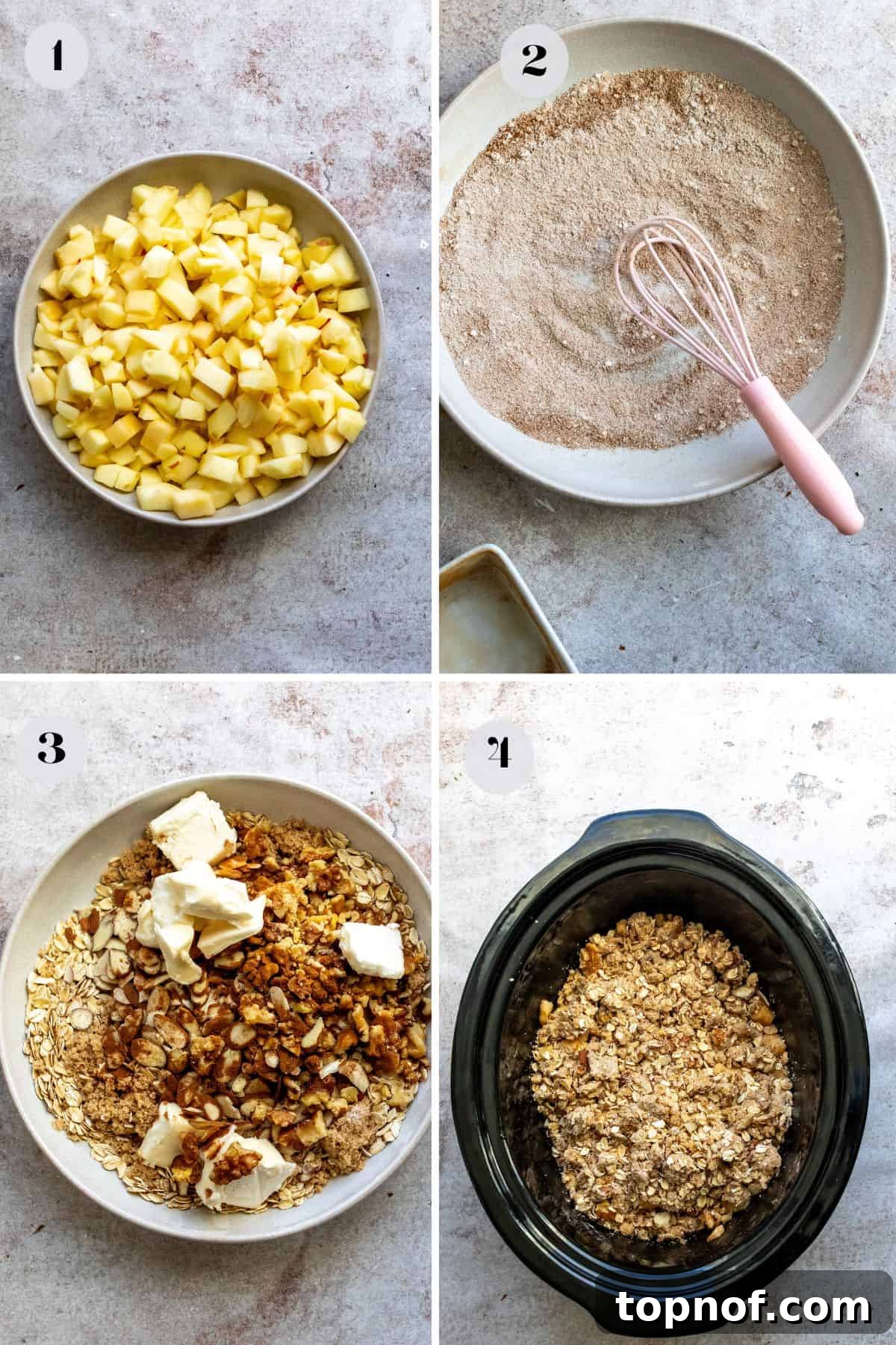 Set-It-and-Forget-It Apple Crisp 4 White bowl with crisp topping ingredients mixed and a pink whisk, ready for assembly.