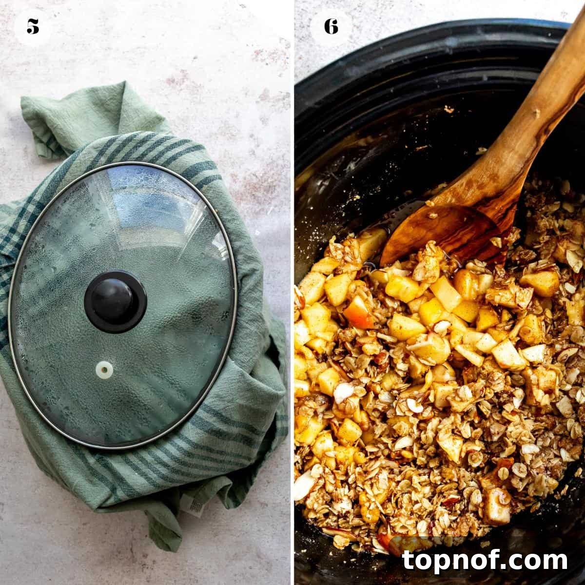 Set-It-and-Forget-It Apple Crisp 5 Overhead photo of slow cooker with apples and crispy topping, ready for cooking.