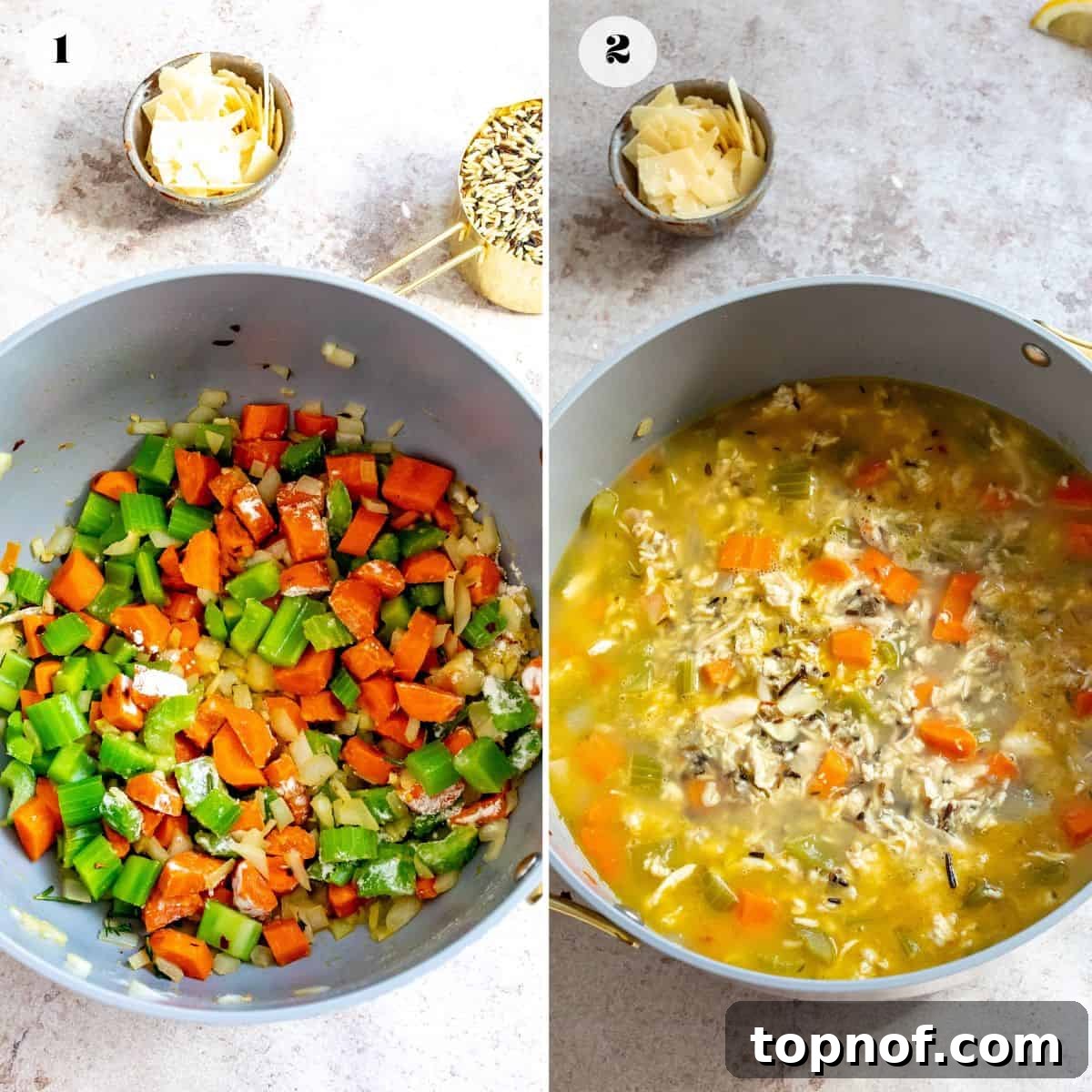 Velvety Chicken Wild Rice Soup 4 Initial steps to prepare Creamy Chicken Wild Rice Soup in a grey skillet with sautéed vegetables.