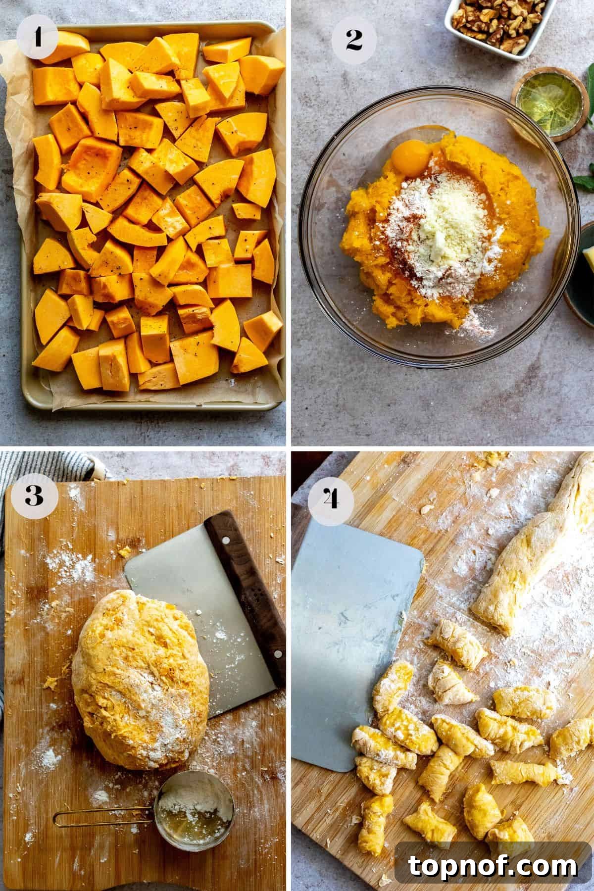 Sequential images showing the process of roasting butternut squash in a pan and rolling gnocchi dough into ropes on a floured board.