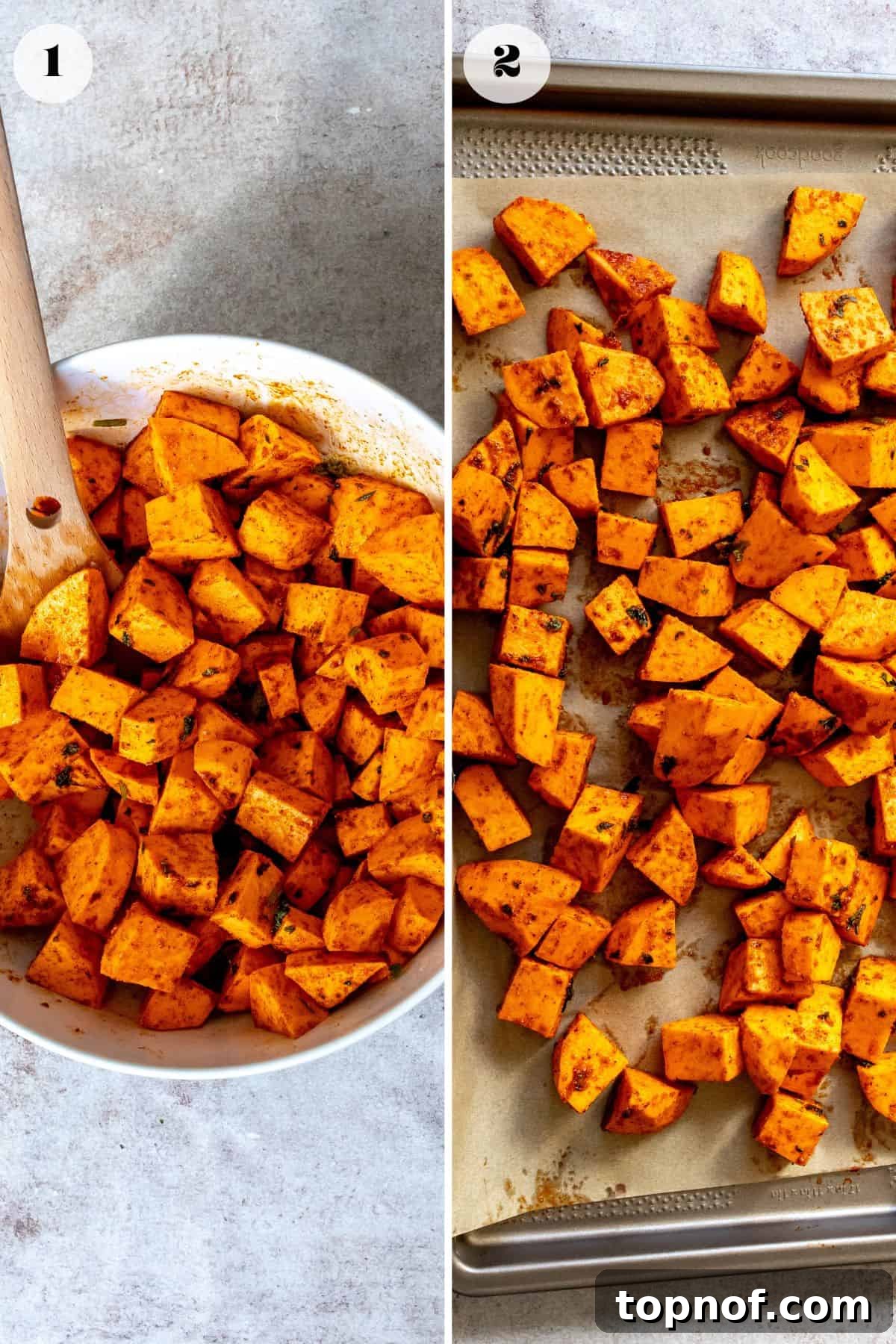 Crispy Baked Sweet Potatoes 4 A visual guide showing peeled and cubed sweet potatoes in a mixing bowl, followed by seasoned sweet potatoes spread evenly on a parchment-lined roasting pan.