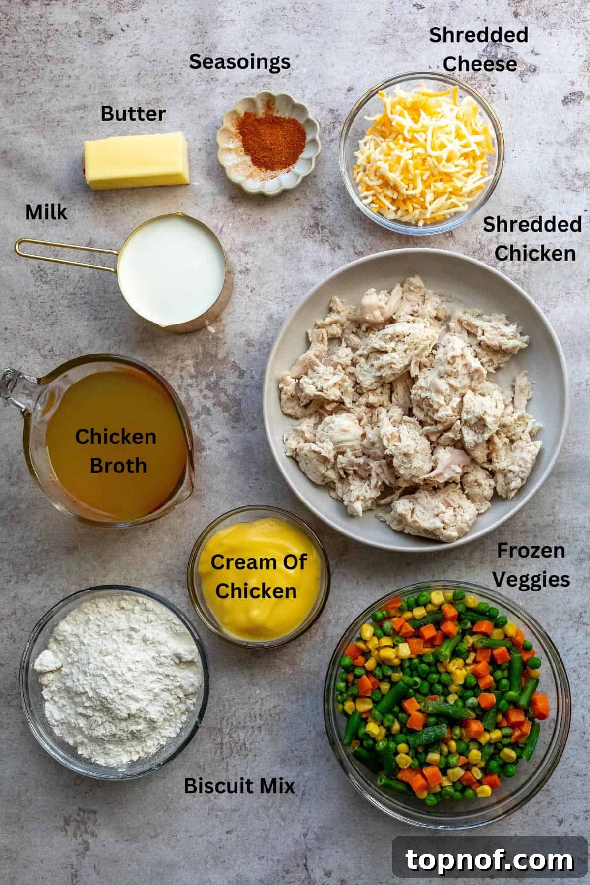 Nourishing Chicken Cobbler Bake 3 An overhead shot showcasing all the fresh and pre-packaged ingredients laid out on a clean counter, ready for making the chicken cobbler, including chicken, vegetables, and biscuit mix.