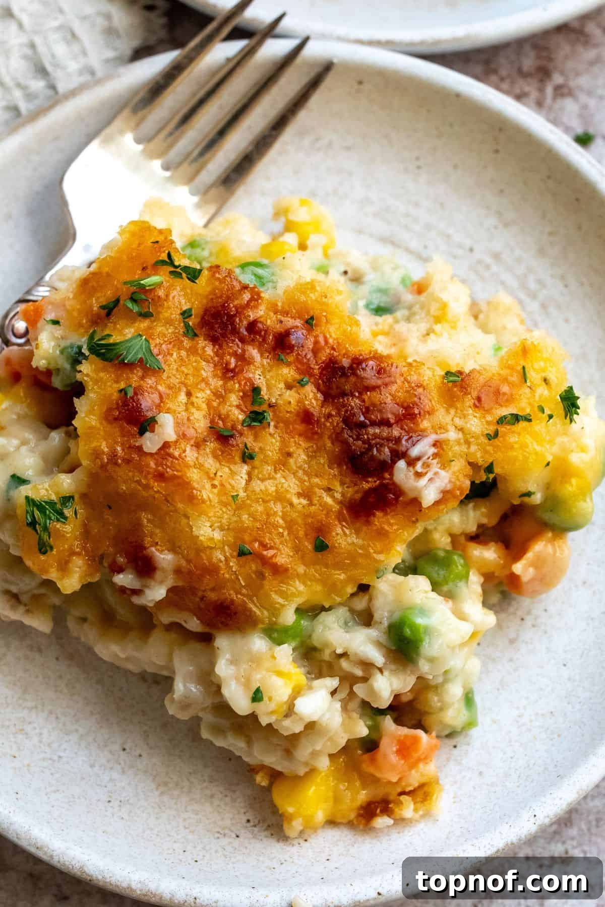 Nourishing Chicken Cobbler Bake 5 A close-up image of a generous serving of chicken cobbler casserole on a plate, showing the flaky biscuit topping and the rich, creamy chicken and vegetable filling beneath.